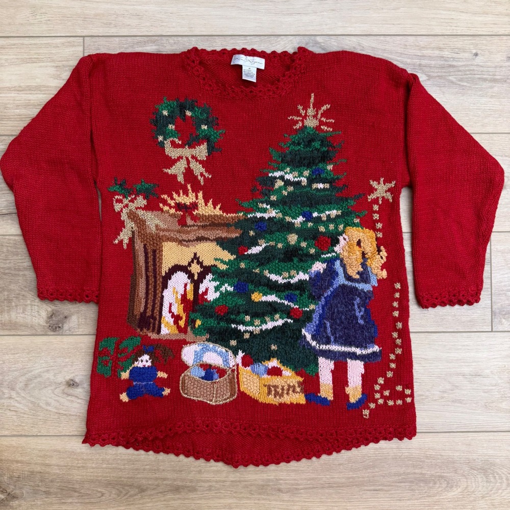 Vintage Christmas Ugly Sweater‎ Tree Fireplace Scene Size M Kim Rogers Red
